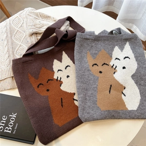 Sac fourre-tout mignon en tricot jacquard avec motif chat en marron et gris pour femme