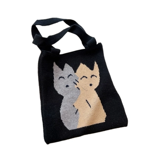 Sac fourre-tout noir en tricot avec motif chat mignon pour les trajets quotidiens