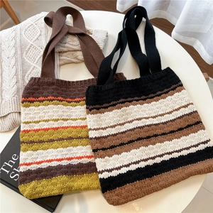 Knitted Striped Tote Bag Large Capacity Crochet Shoulder Bag Ins Niche Fresh Literary Casual Versatile Handbag Women