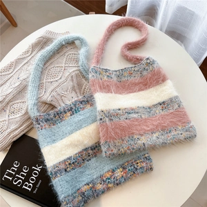 Sac À Bandoulière En Tricot Pelucheux À Rayures Pour Femmes Grande Capacité Texture Douce Fourre-Tout Décontracté Automne Hiver