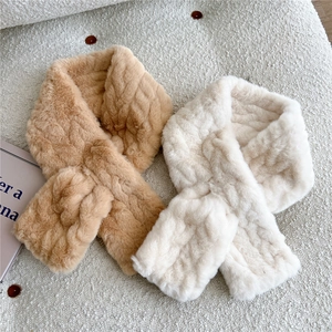 Winter faux fur neck warmer with wavy texture in light brown and cream white colors