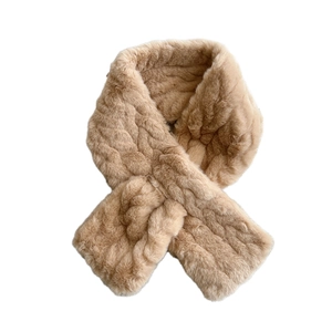 Winter plush crossover scarf in khaki faux fur with soft wave texture for neck warmth