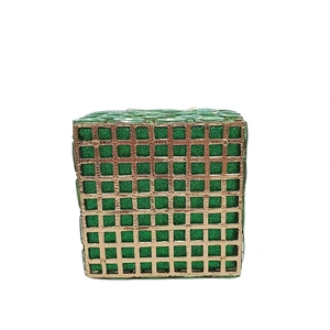 Green glitter cube clutch bag with gold hollow metal frame for evening parties