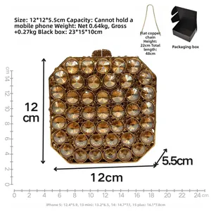 Detail specifications of golden rhinestone clutch bag with size and chain length data