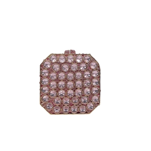 Elegant pink rhinestone square clutch bag with gold metal frame and crystal clasp closure