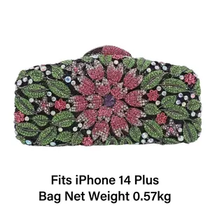 Floral crystal evening clutch bag with colorful rhinestones 20x10x5cm for iPhone 14 Plus