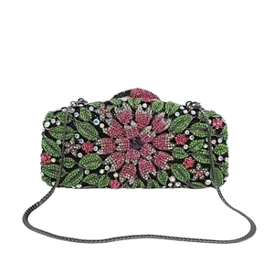 Floral Crystal Evening Bag Women Rhinestone Flower Clutch Handbag For Wedding Banquet Metal Chain Hard Shell Shimmering
