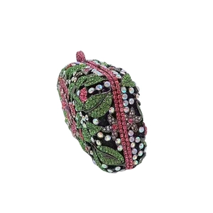 Elegant floral rhinestone evening clutch with colorful crystals and pink stone clasp