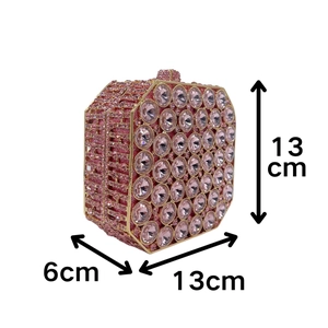 Pink octagonal rhinestone clutch bag dimensions detail: 13cm height, 13cm width, 6cm depth