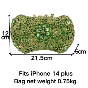 Luxury green hollow out rhinestone evening clutch bag with crystal floral patterns
