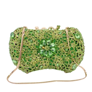 Luxury Women Rhinestone Evening Clutch Bag Green Crystal Floral Hollow Metal Purse Party Wedding Handbag Gold Chain Strap