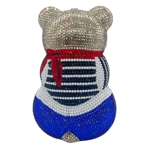 Sac de soirée luxueux en forme d'ours en strass colorés avec nœud papillon rouge