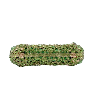 Luxurious green rhinestone clutch bag with gold hollow metal frame for evening parties
