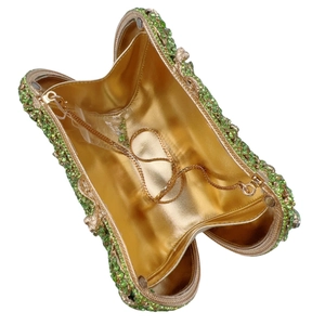 Green rhinestone heart clutch bag with gold chain strap shown open on white background