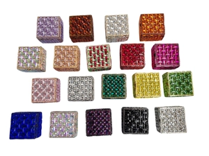 Detailed grid of crystal encrusted cube clutch bags in nineteen vibrant color options