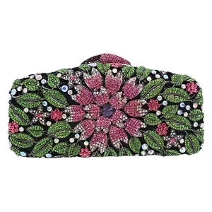 Floral crystal evening bag with colorful rhinestones in pink, green, and purple