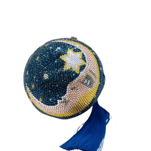 Moon and star rhinestone clutch bag with blue silk tassels and sparkling crystals