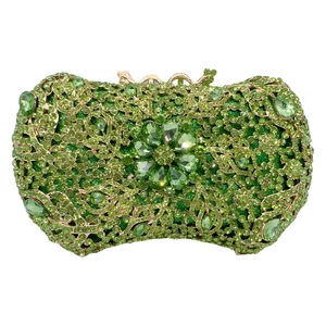 Luxurious green rhinestone clutch bag with gold metal frame and floral crystal pattern