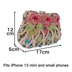 Luxury rose crystal evening clutch bag with colorful rhinestones 17x12x5cm