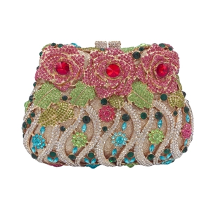 Luxury Rose Flower Evening Clutch Bag Rhinestone Crystal Hollow Metal Party Handbag For Women