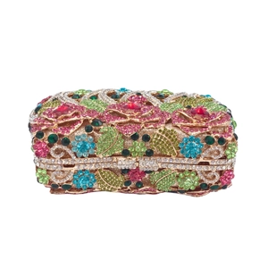 Hollow rose flower crystal evening clutch bag with colorful rhinestones on gold frame