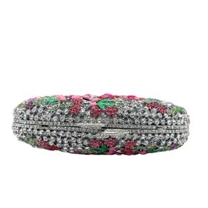 Pochette florale en cristal avec strass colorés et cadre métallique élégant