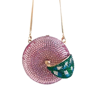 Luxury apple-shaped pink crystal clutch with sparkling rhinestones and gold chain