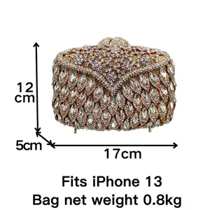 Luxury rhinestone evening clutch bag with metal cutout and silver crystals fits iPhone 13