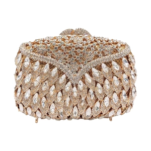Luxury Rhinestone Evening Clutch Bag Alloy Hand-Set Crystal Gala Purse For Women With Detachable Chain Hollow Out Style