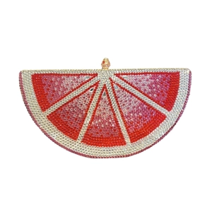 Luxury grapefruit shaped half-round crystal clutch evening bag with red and white rhinestones