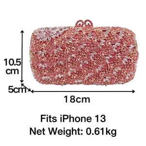 Luxury rhinestone leaf evening clutch bag with crystal floral accents and size dimensions