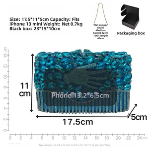 Detailed size specifications for turquoise rhinestone evening clutch bag with chain strap