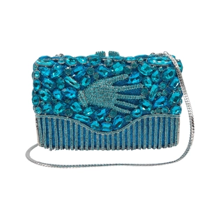 Rhinestone Evening Clutch Bag Blue Crystal Hollow Out Palm Design Alloy Handbag With Detachable Chain Strap For Women