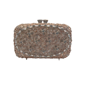 Elegant rose gold crystal evening clutch with hollow floral pattern and luxury rhinestones