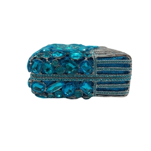 Luxury sapphire blue rhinestone clutch bag with sparkling crystal stones and silver metal frame