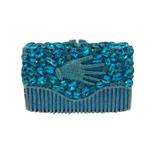 Exquisite sapphire rhinestone clutch bag featuring a unique diamond hand pattern