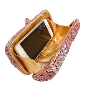 Pink and silver rhinestone encrusted evening clutch bag with gold chain and floral patterns
