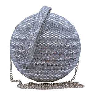 Sparkling silver round evening clutch bag with dense rhinestones and chain strap