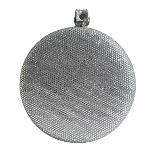 Detailed view of silver round evening clutch bag with dense sparkling rhinestones