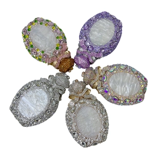 Shell stone evening clutches in perfume bottle shape with rhinestones and mother-of-pearl