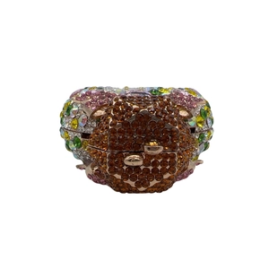 Luxury heart-shaped evening clutch bag with handmade crystal bear pattern and gold frame