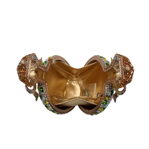 Luxury shell-shaped perfume bottle evening bag with colorful crystals and gold chain