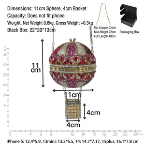 Sac de soirée montgolfière avec cristaux colorés, chaîne en bronze et boîte cadeau noire