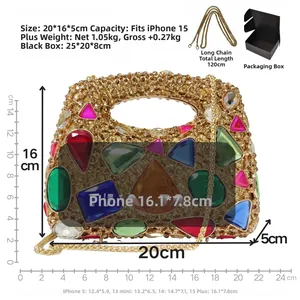 Detailed specs of luxury rhinestone evening bag with dimensions 20x16x5cm and strap