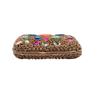 Luxury hard shell evening clutch bag with sparkling champagne crystals and colorful gemstones