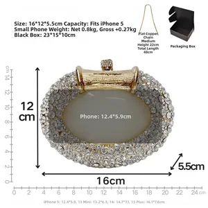 Detailed dimensions of oval rhinestone clutch bag with measurement marks and shoulder chain