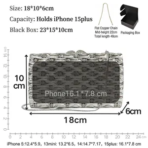 Sparkling rhinestone evening bag measuring 18x10x6cm with a 48cm detachable metal chain