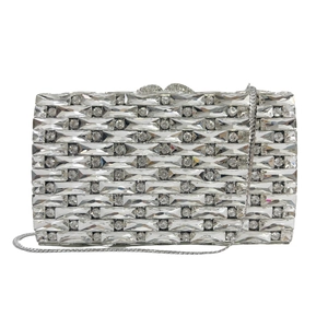 Sparkling silver evening clutch bag with rectangular rhinestones and snake chain strap