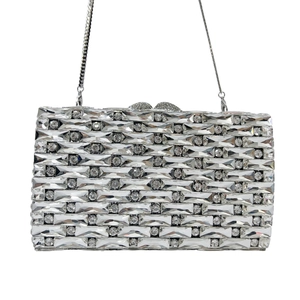 Elegant Rhinestone Evening Bag Alloy Crystal Rectangular Clutch For Women Banquet Party Silver Handbag With Metal Chain