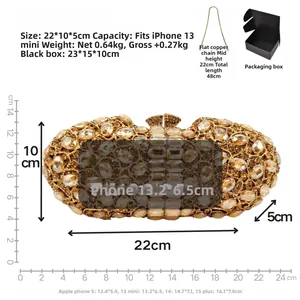 Size chart for rhinestone clutch bag showing dimensions 22x10x5cm and phone compatibility